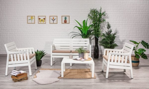 Lara Bahçe Balkon Oturma Grubu Minderli Beyaz