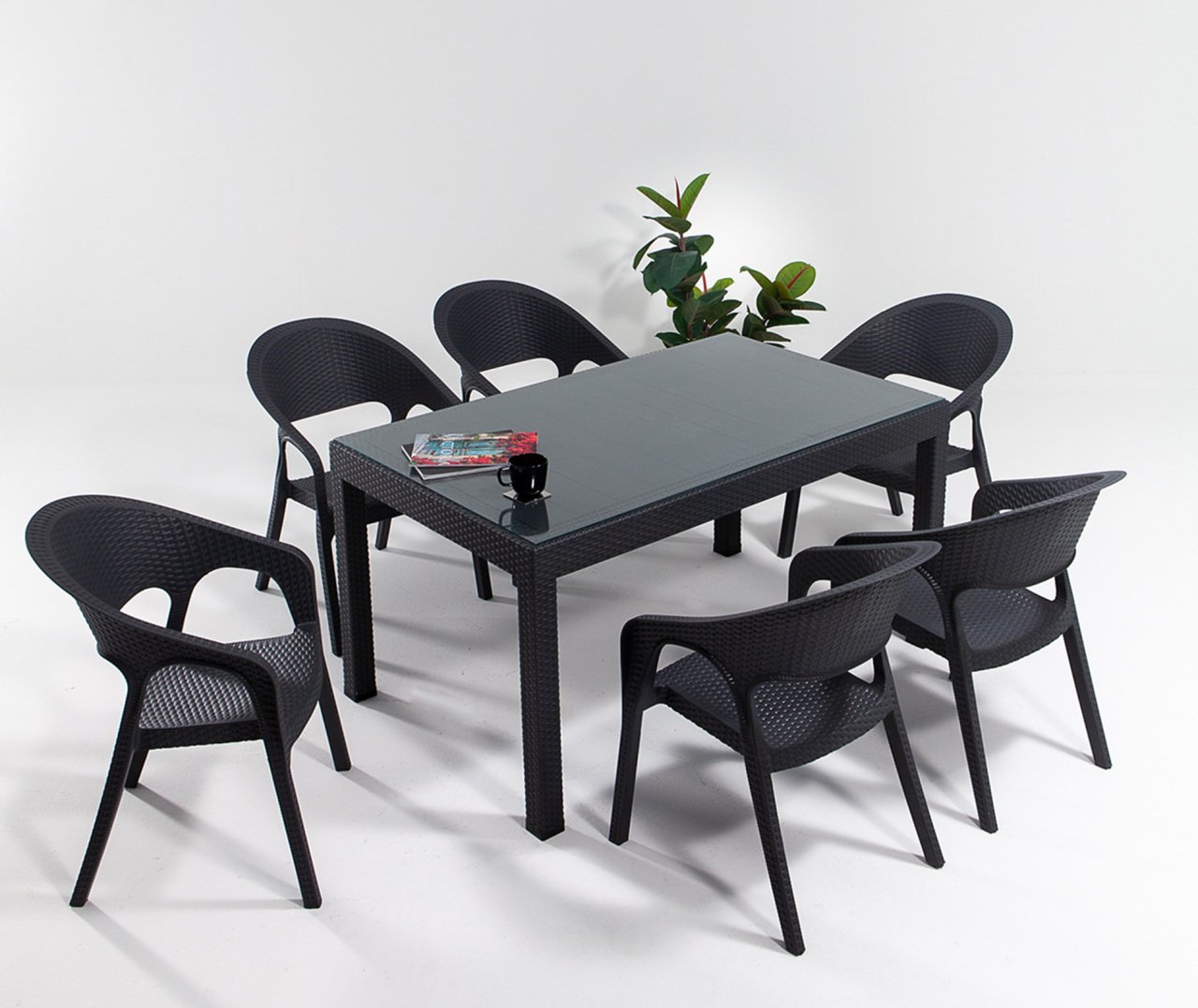 Garden Large Camlı Rattan Masa Seti Antrasit