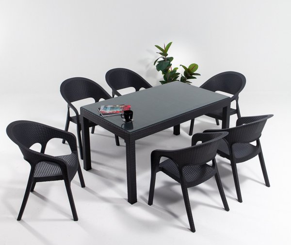 Garden Large Camlı Rattan Masa Seti Antrasit