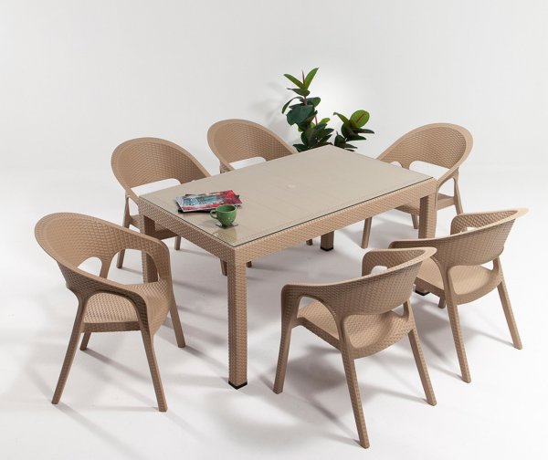 Garden Large Camlı Rattan Masa Seti Kahve