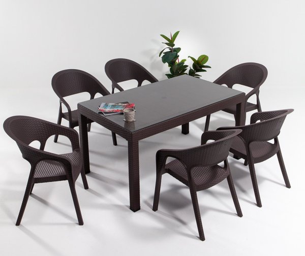 Garden Large Camlı Rattan Masa Seti Kahve