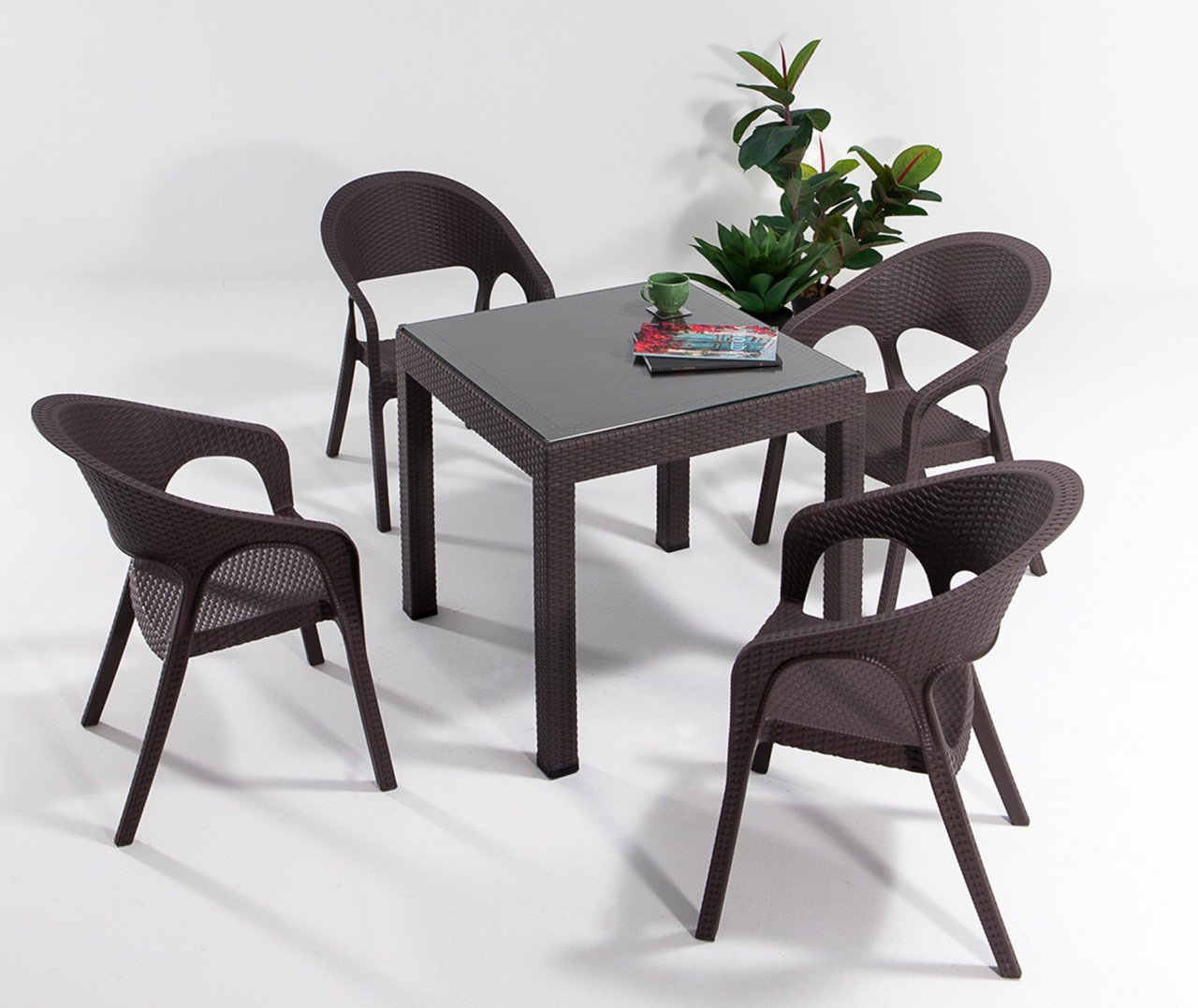 Garden Rattan Camlı Masa Seti Kahve