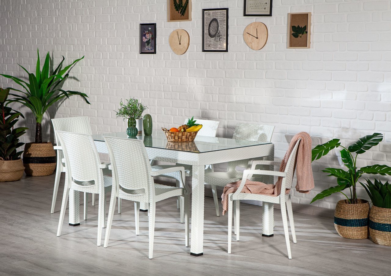 Rattan Large Lüks Camlı Masa Seti - Beyaz