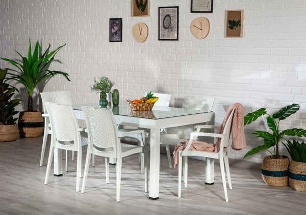 Rattan Large Lüks Camlı Masa Seti - Beyaz
