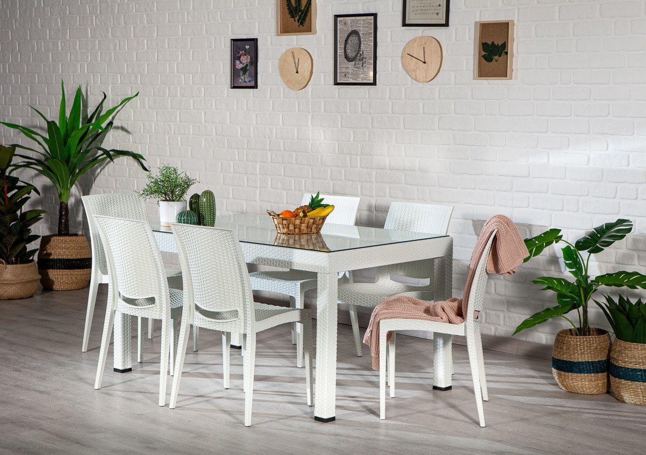 Rattan Large Camlı Masa Seti - Beyaz